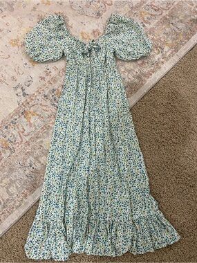 Smocked Puff-Sleeve Maxi Dress in Blue & Green Floral